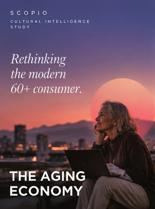 The Aging Economy — Rethinking the modern 60+ consumer. SCOPIO cultural intelligence study cover.